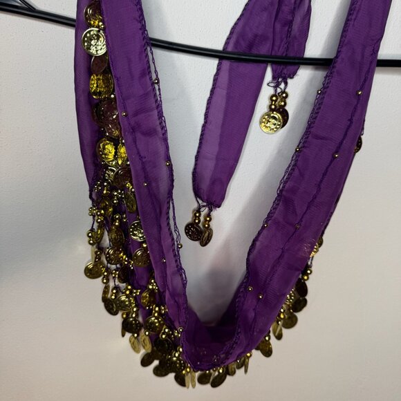 Purple Belly Dance Coin Hip Scarf with Gold Accents - Picture 1 of 4